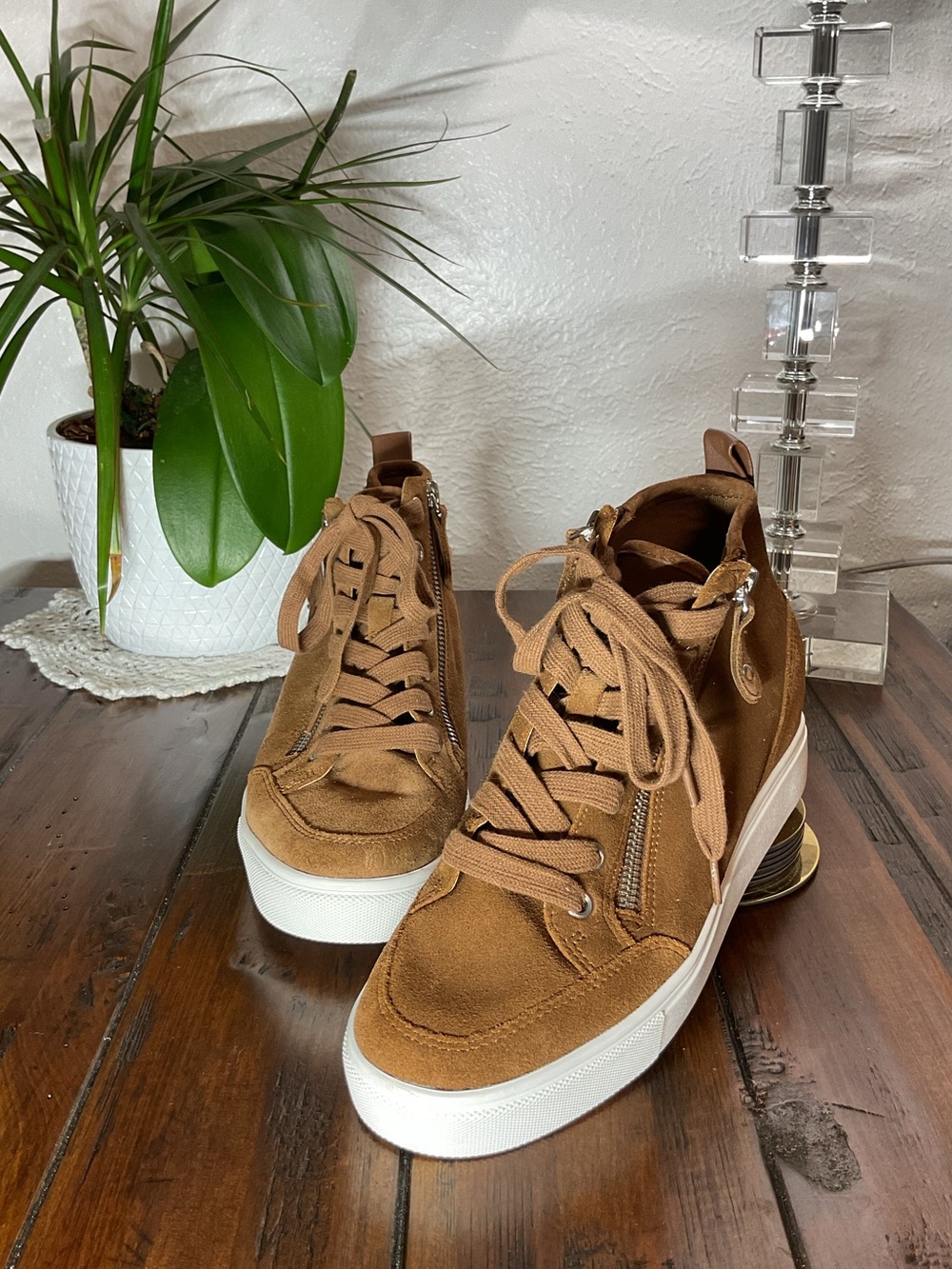 Steve Madden Tan Suede High-Top Sneakers with White Platform